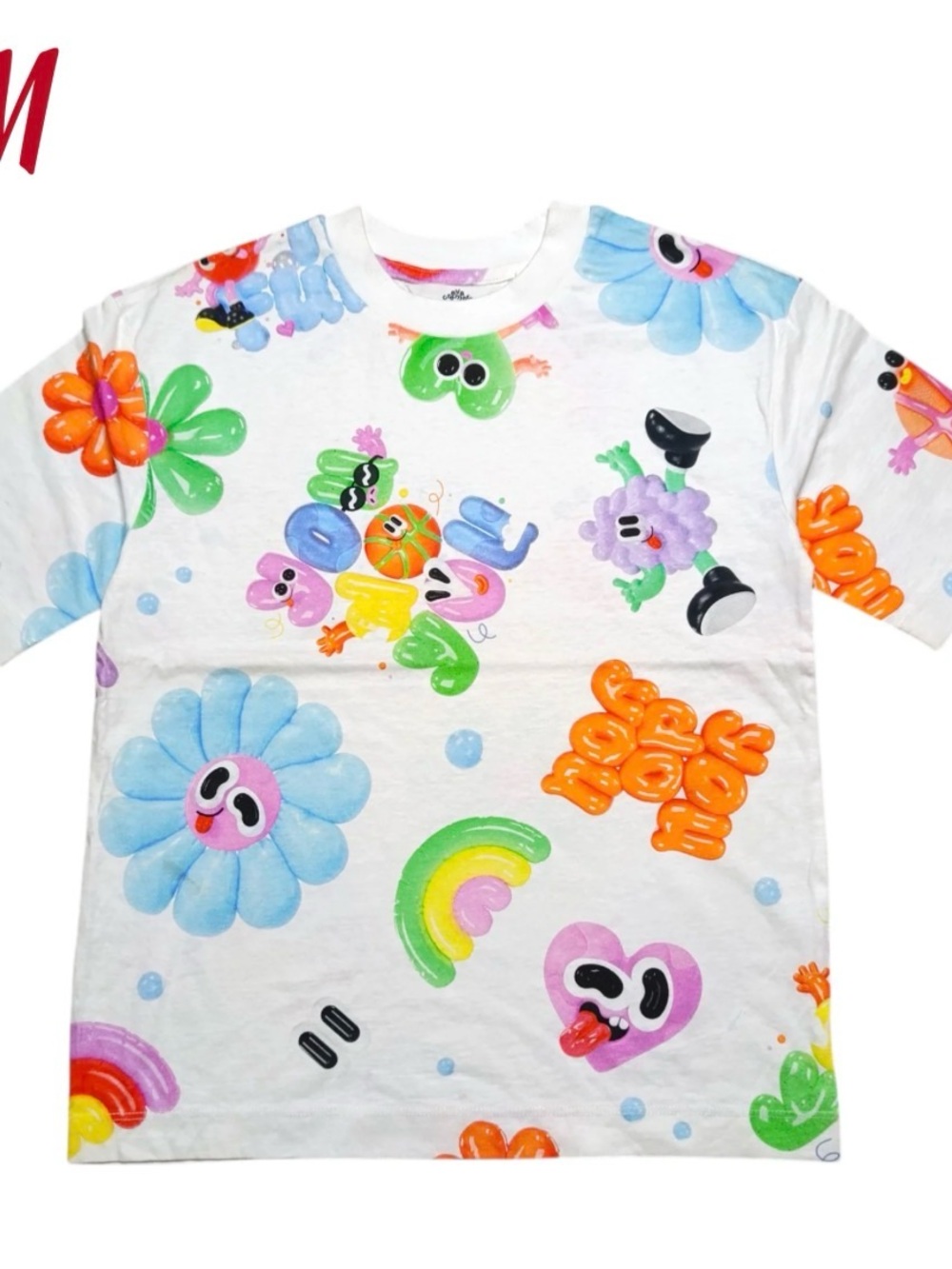 H&M White Kids Graphic Tee with Colorful Emoji Flowers & Rainbows